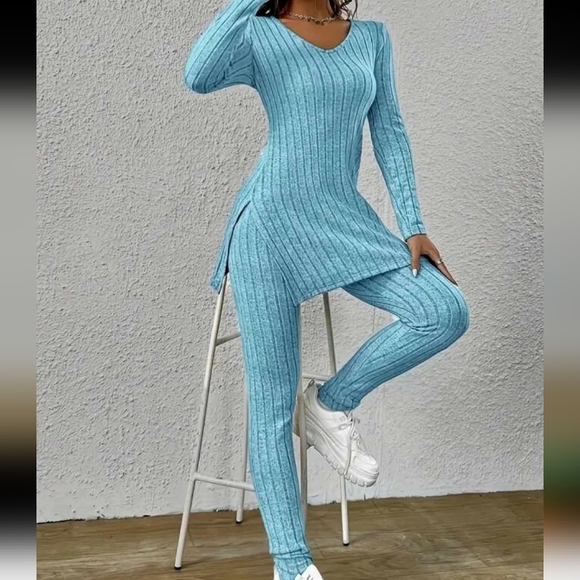 Casual ribbed two pieces set The neck long sleep crop top and pants Size L - Picture 7 of 7